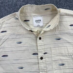 Katin Mens Button Down Shirt LG Cream Striped Print Short Sleeve Casual